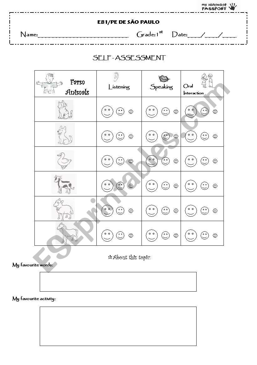 self-assessment/farm animals worksheet