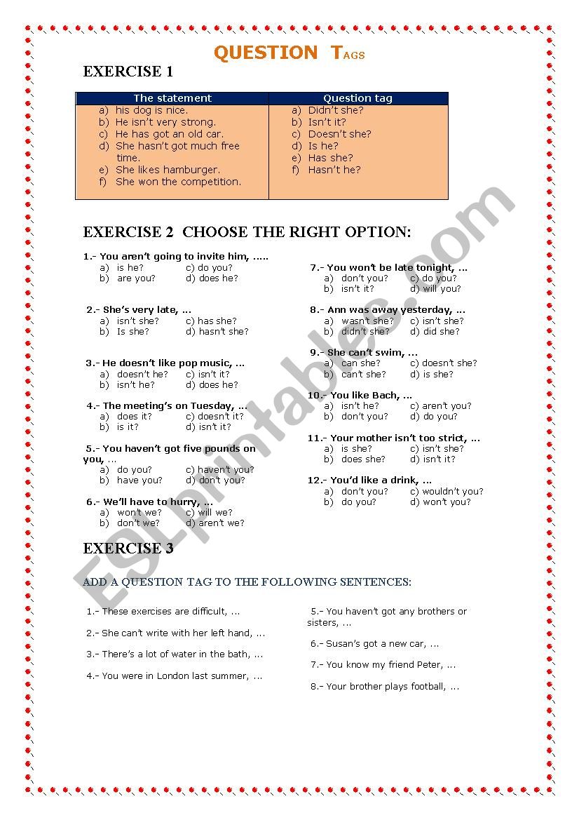 question tags  worksheet