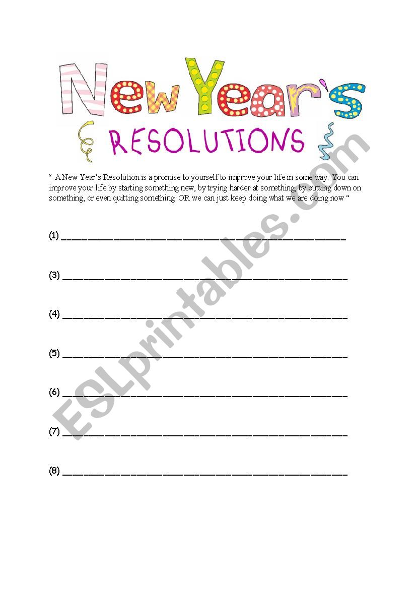 Resolutions for New Year worksheet