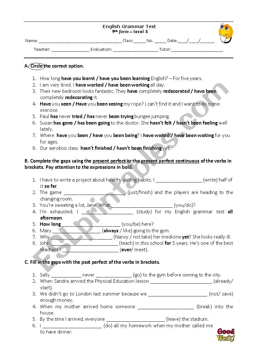 Grammar test - Present perfect/present perfect continuous