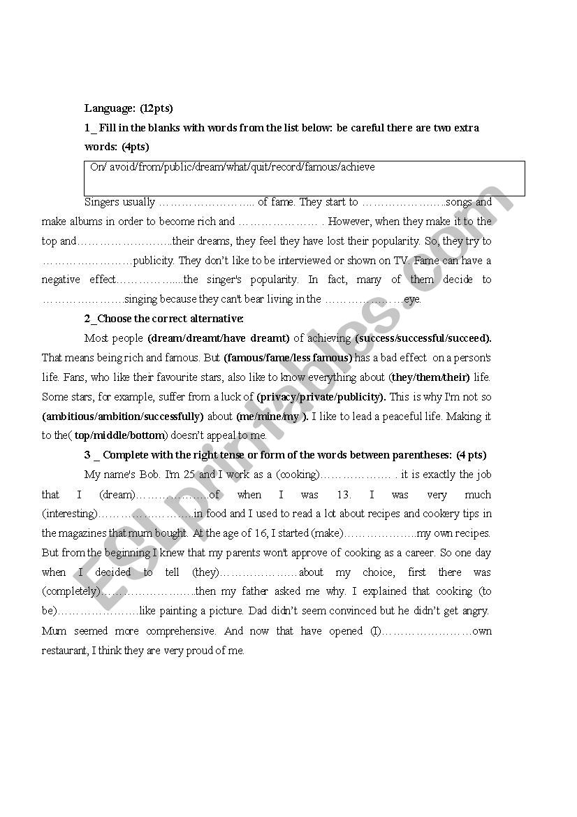 1st FORM EXAM Language worksheet