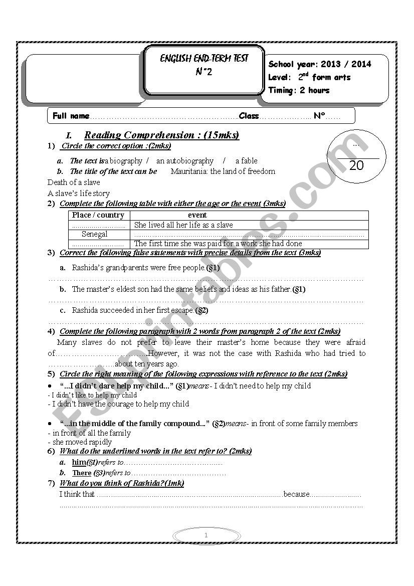 2nd form end of term test 2 worksheet