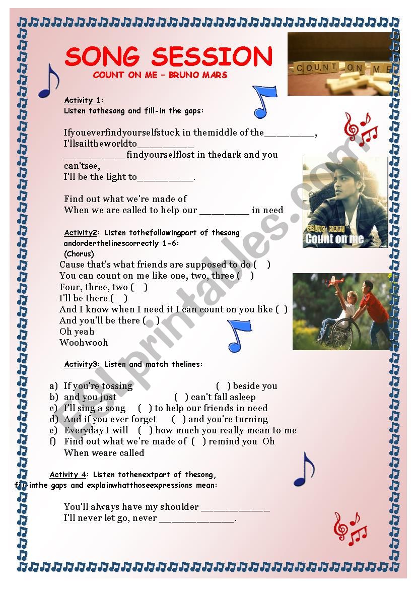 Song Count on me - Bruno Mars worksheet