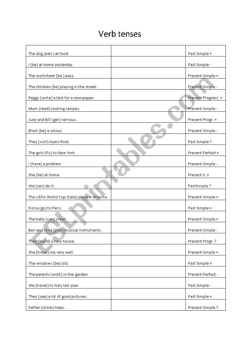verb tense training worksheet