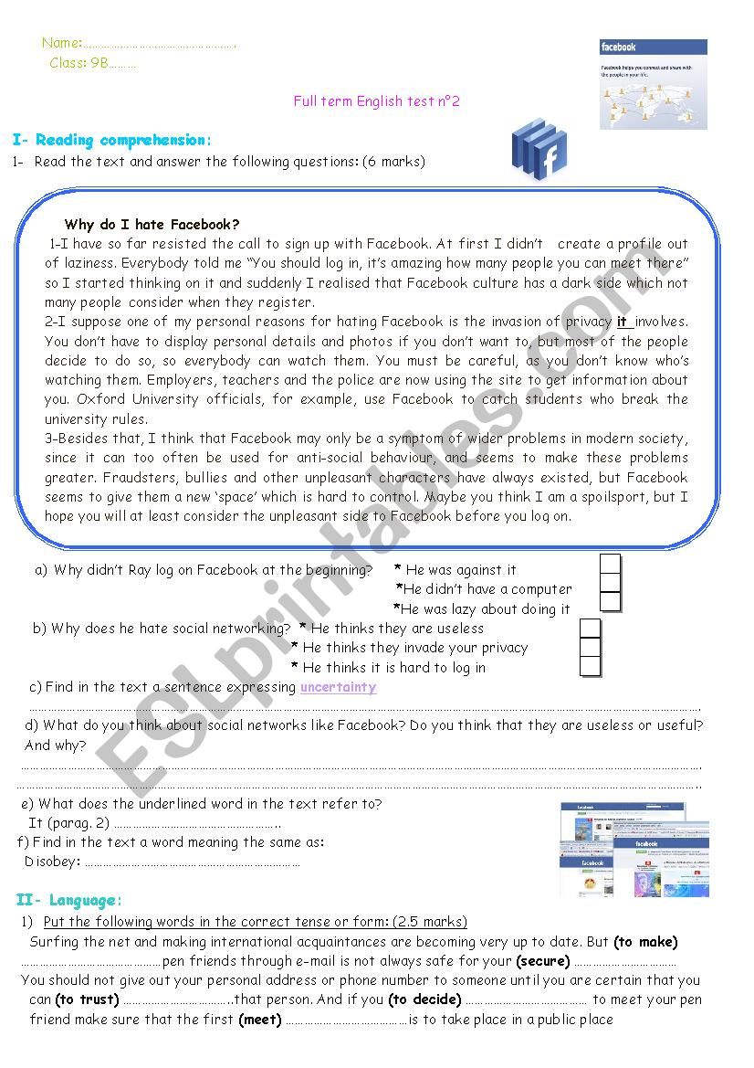 Facebook, exam in context  worksheet