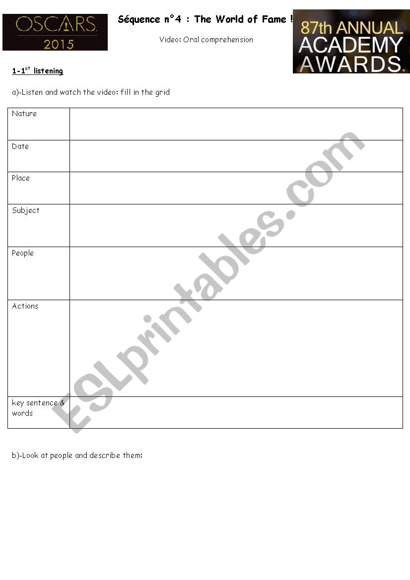 87th Academy Awards ceremony worksheet