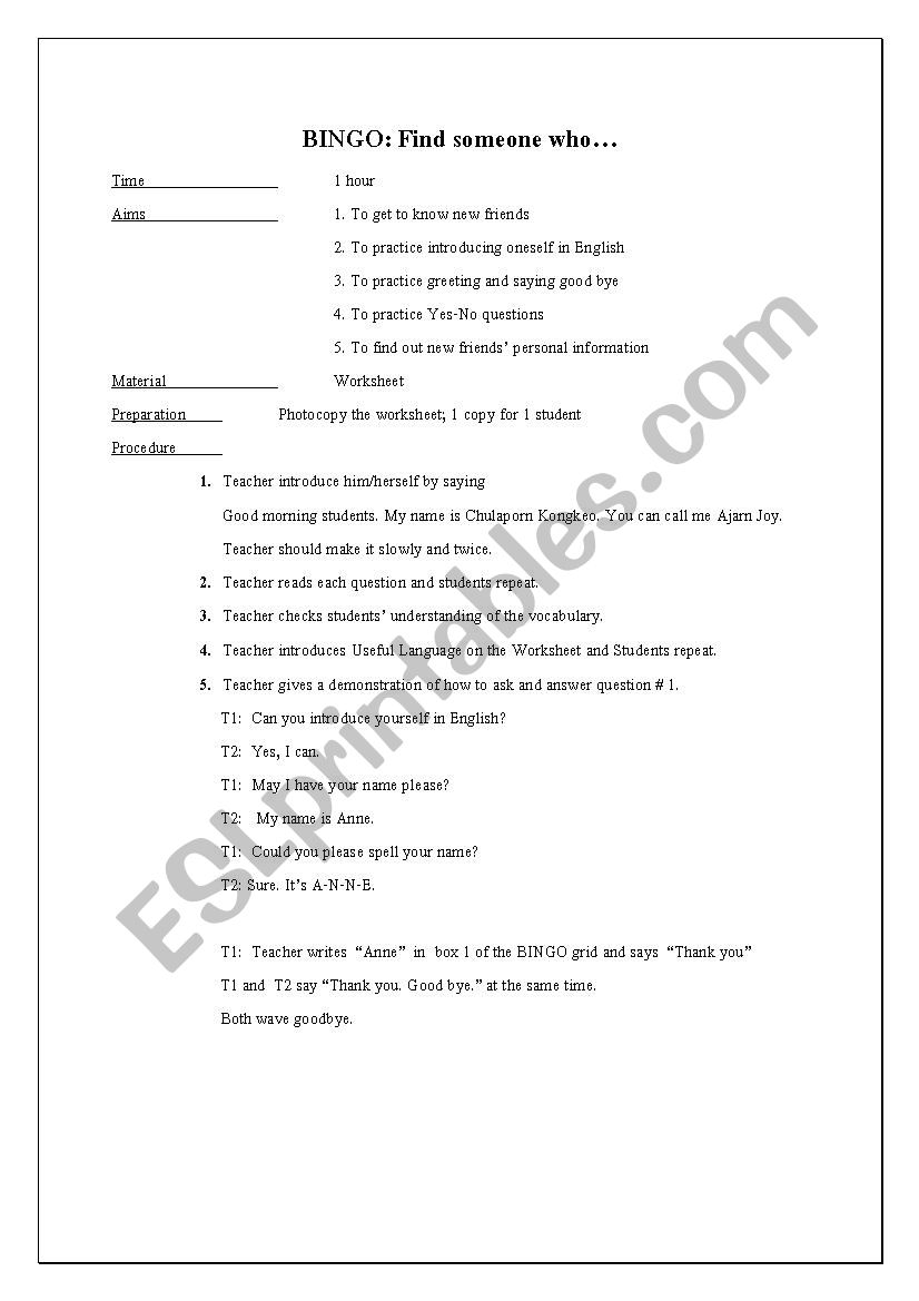 Bingo Find someone who worksheet