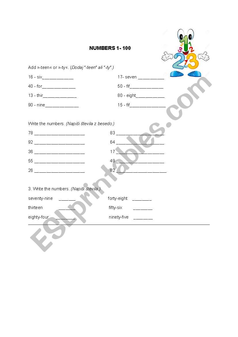 numbers worksheet