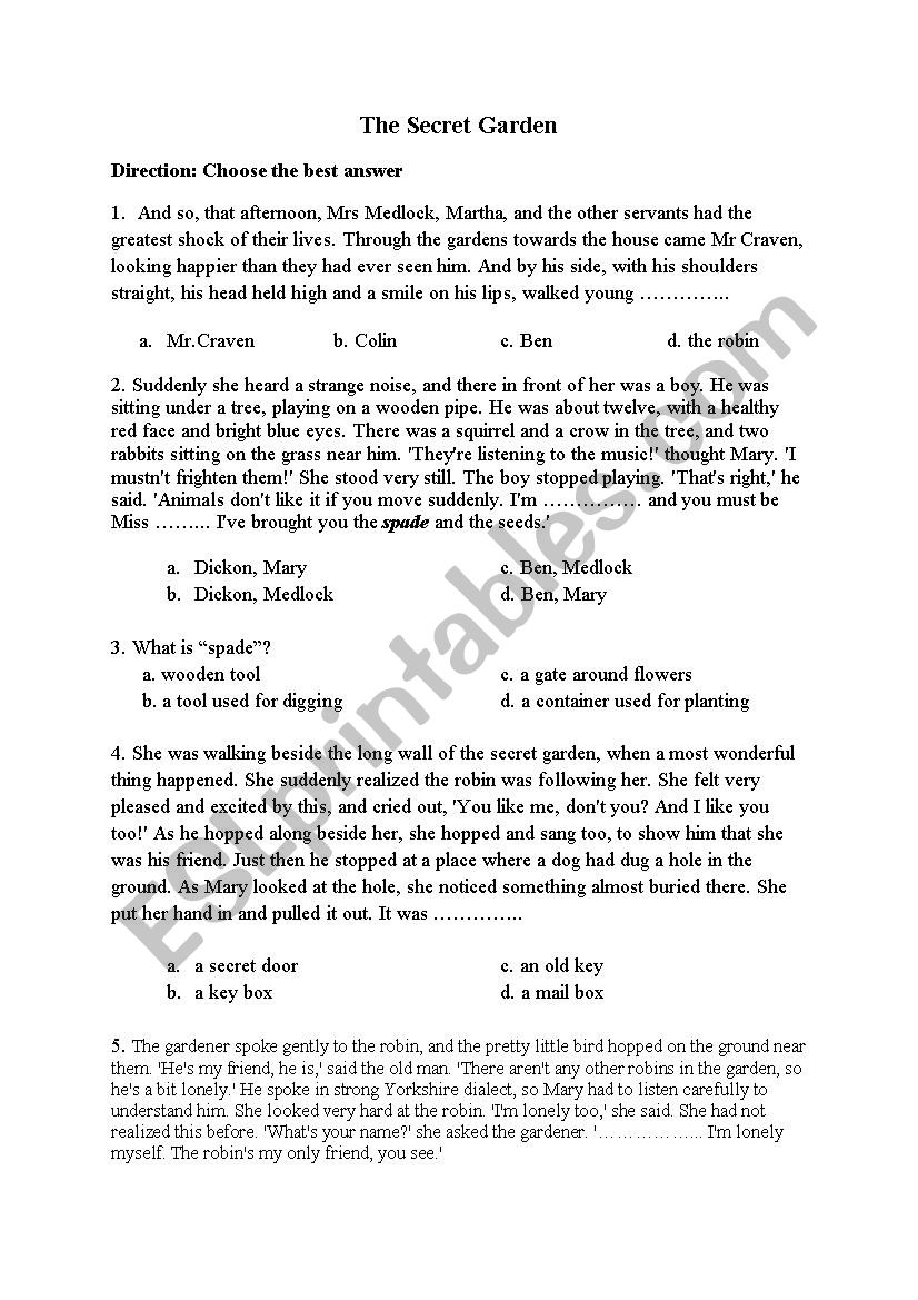The secret gafden worksheet