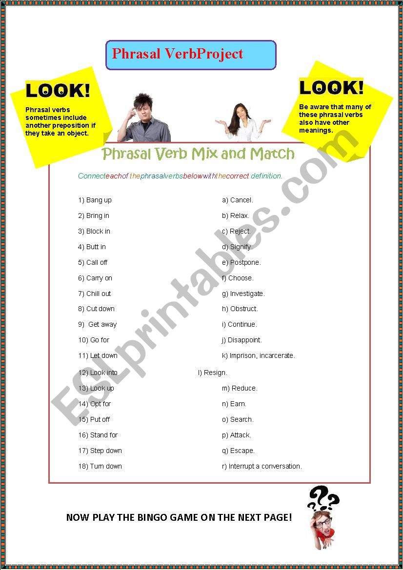 Mixed Phrasal Verb Project worksheet