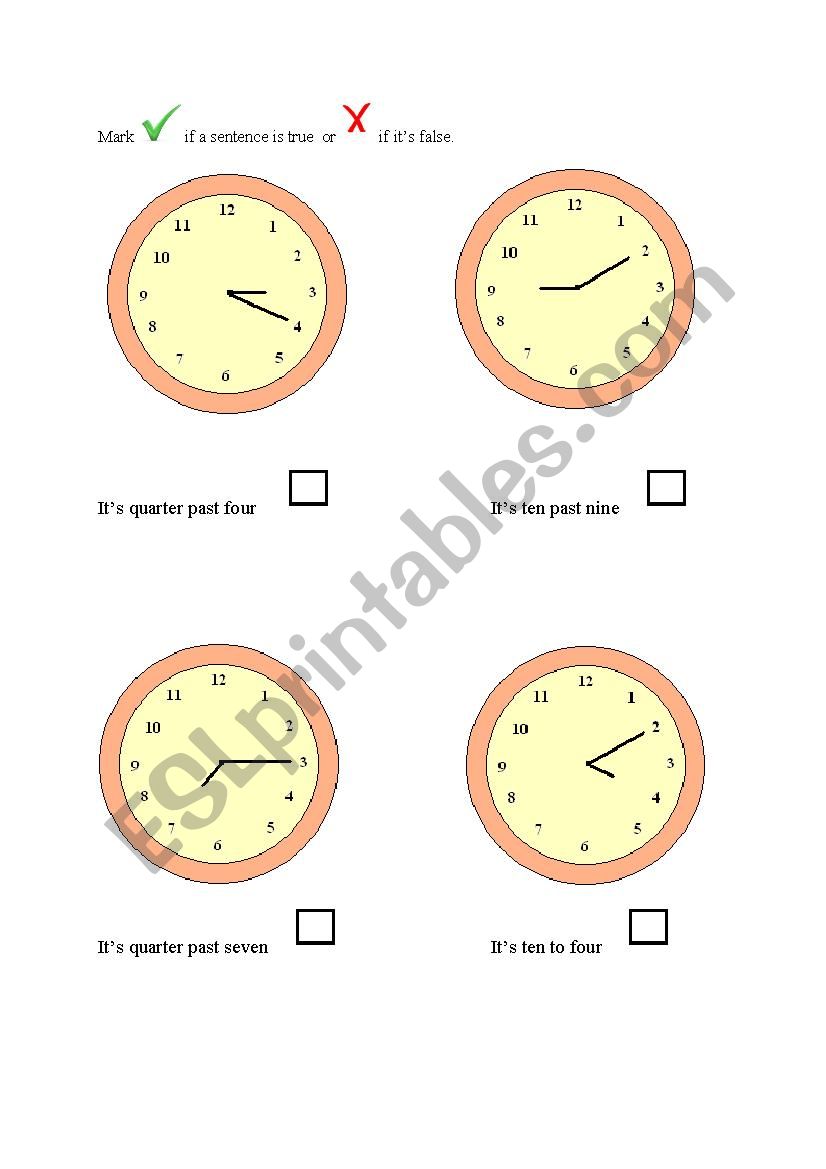 Clocks- true or false worksheet