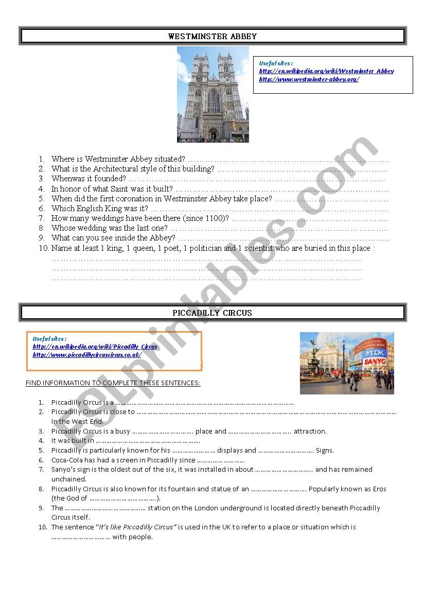 London sights  worksheet