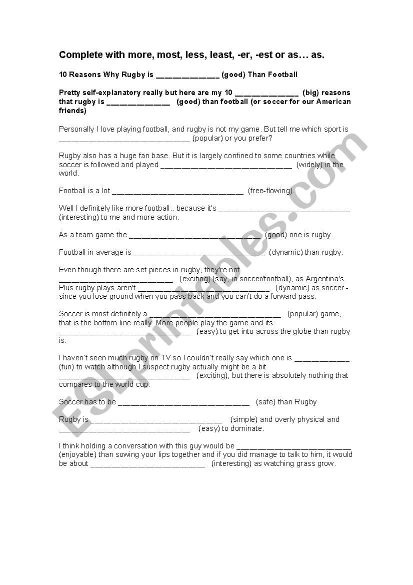 Football vs. Rugby - Comparative and Superlative Forms