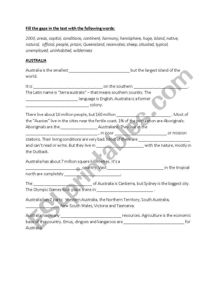 Gap Text Australia worksheet