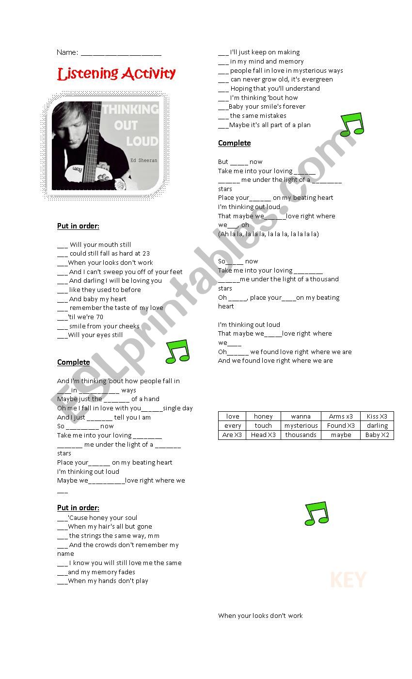 THINKING OUT LOUD this is a listening activity for my intermediate students (KEY INCLUDED). Hope you like it. XOXO