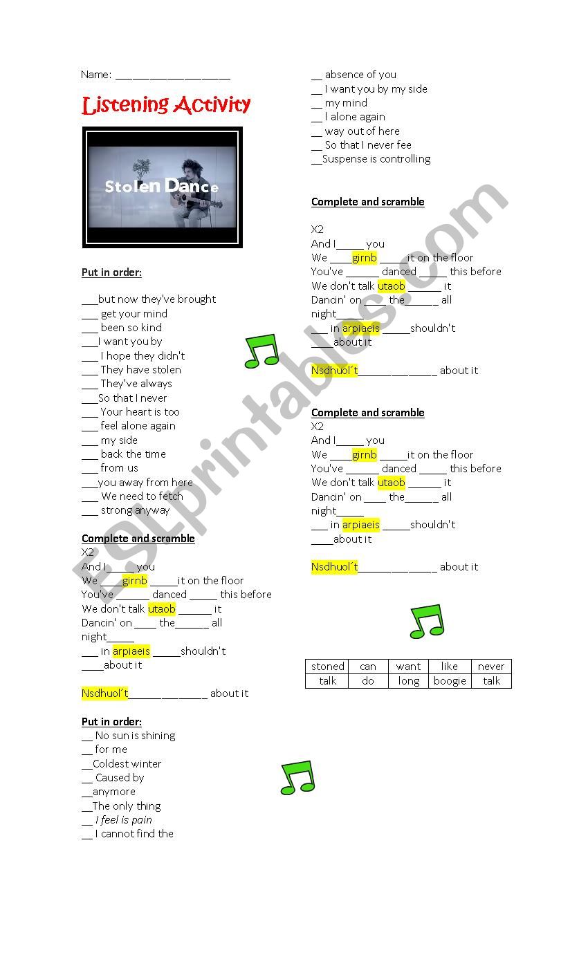 STOLEN DANCE this is a listening activity for my intermediate students (KEY INCLUDED). Hope you like it. XOXO