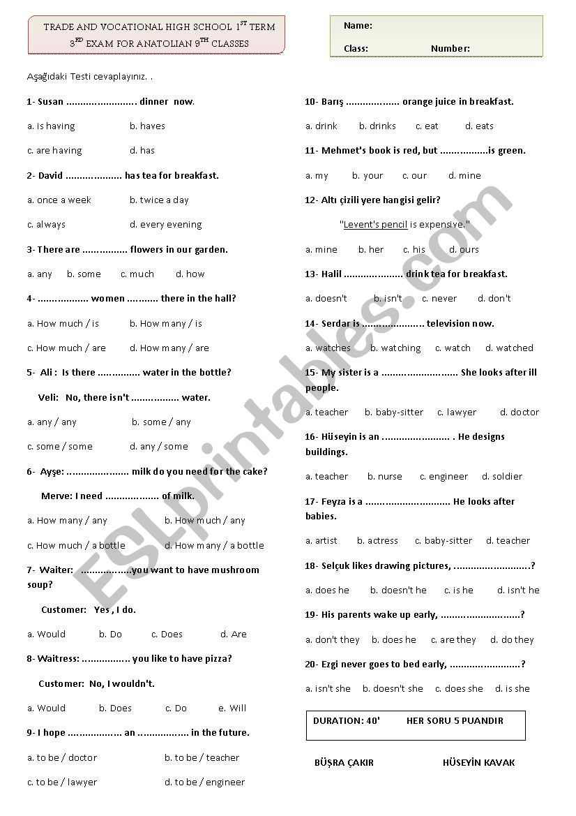 3rd exam test worksheet