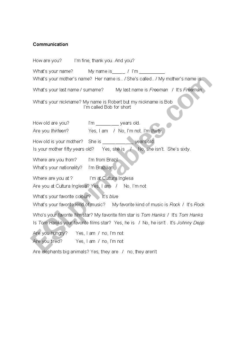 Communication worksheet