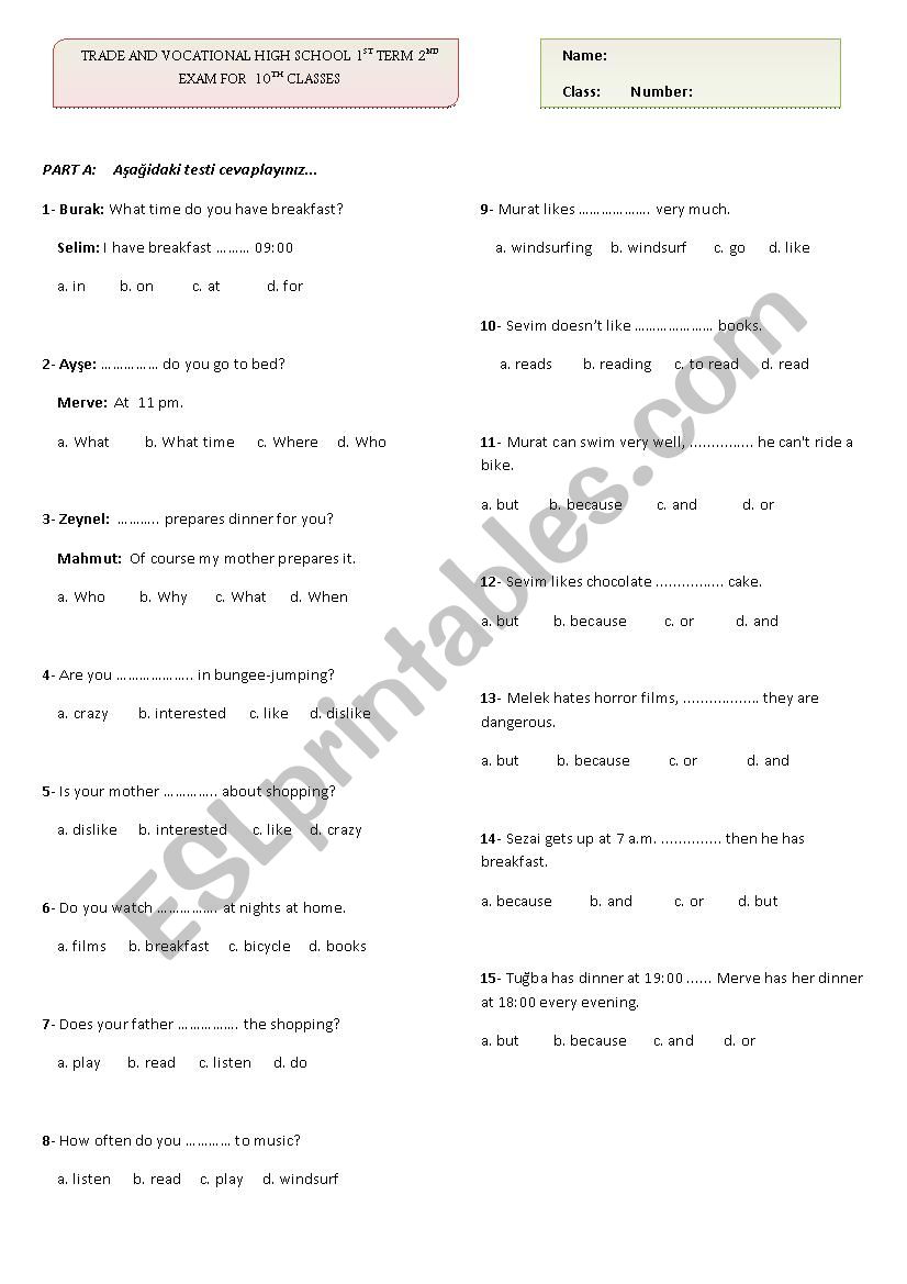 exam worksheet
