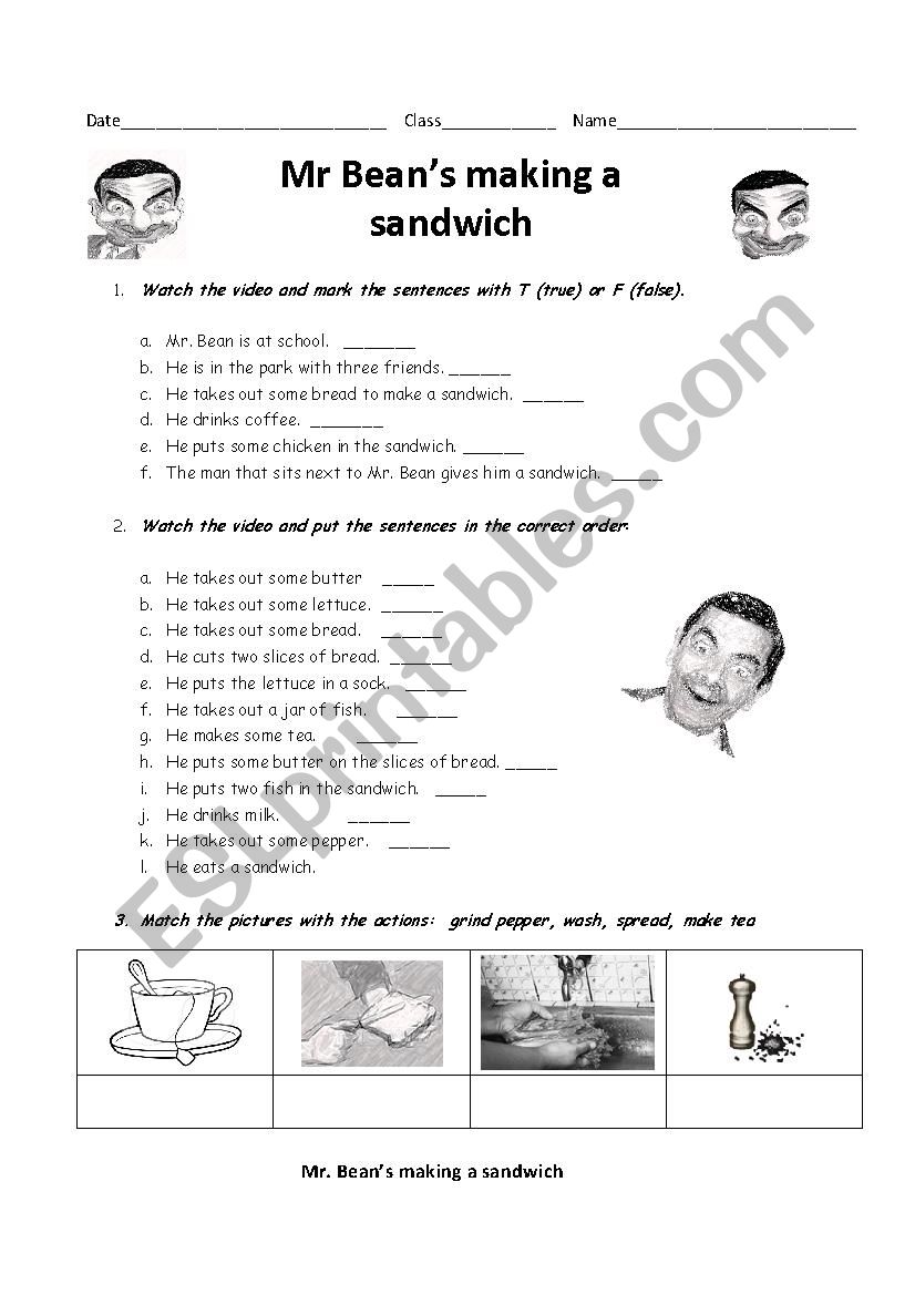 Mr Beans making a sandwich worksheet