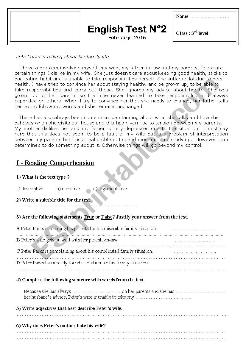 family life worksheet