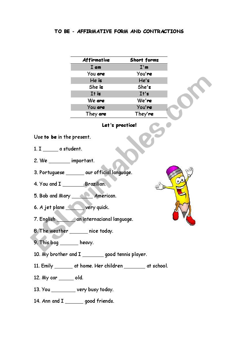 To be- affirmative form worksheet