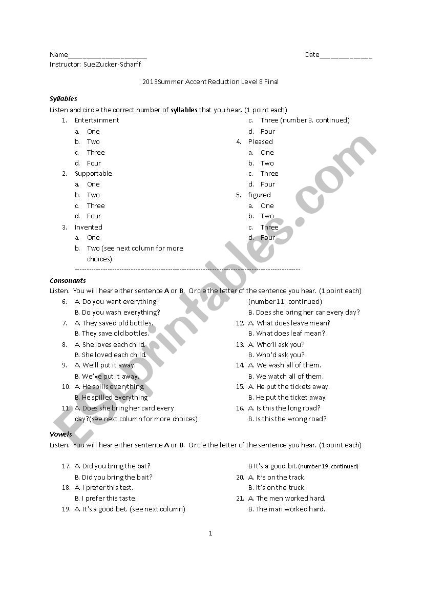 Final exam for Accent Reduction