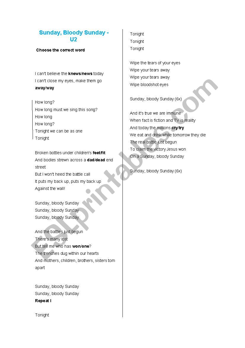 Sunday, bloody Sunday worksheet