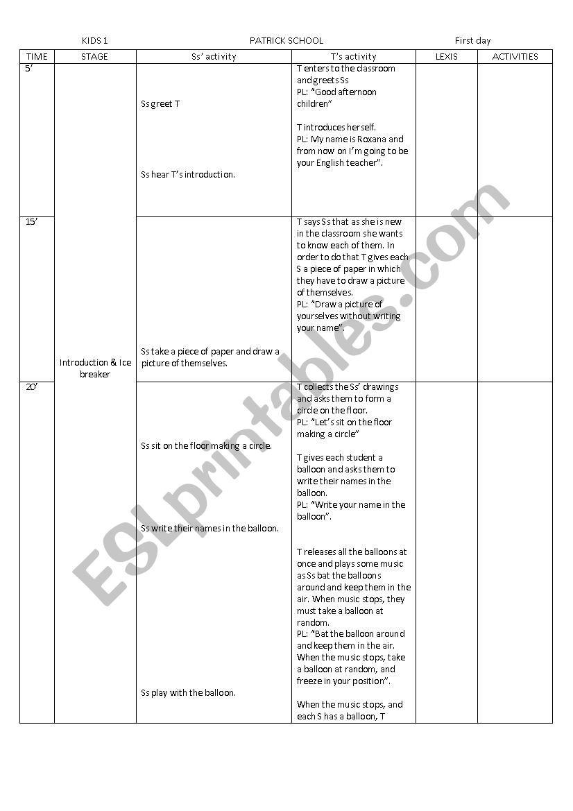 first class worksheet