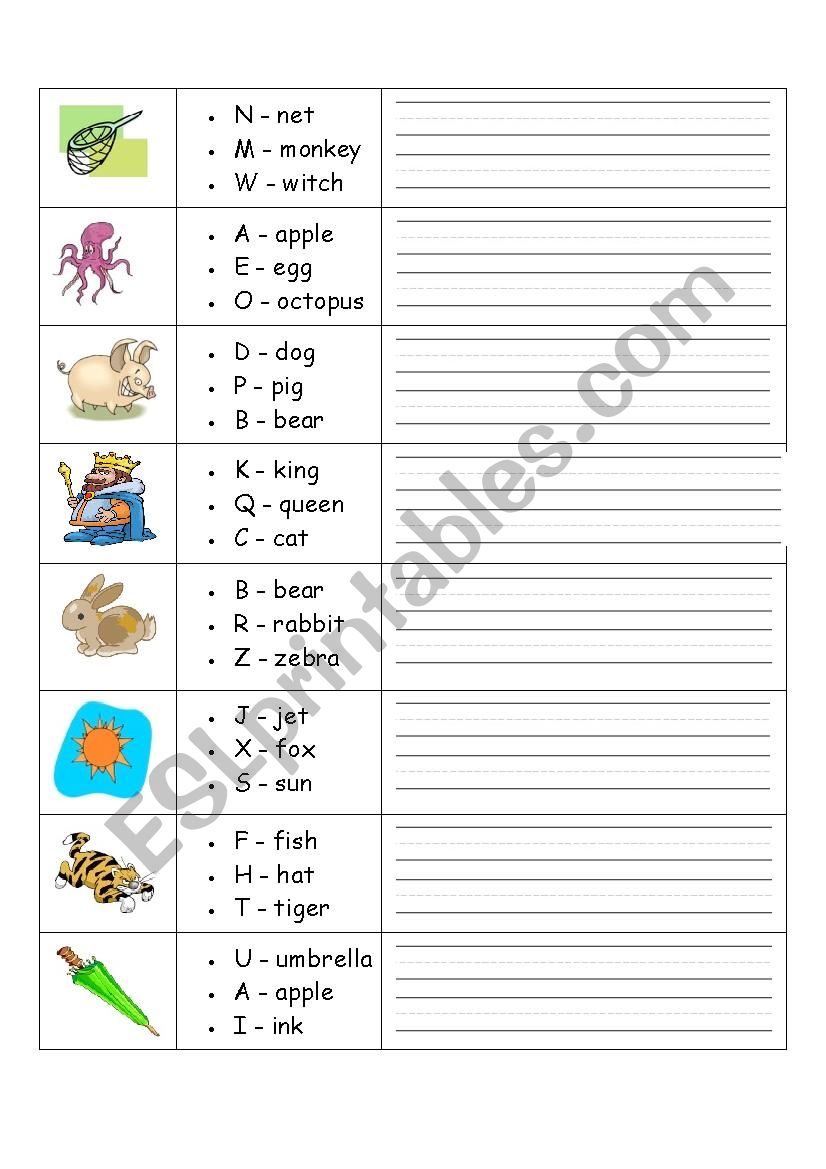 First letters practice worksheet
