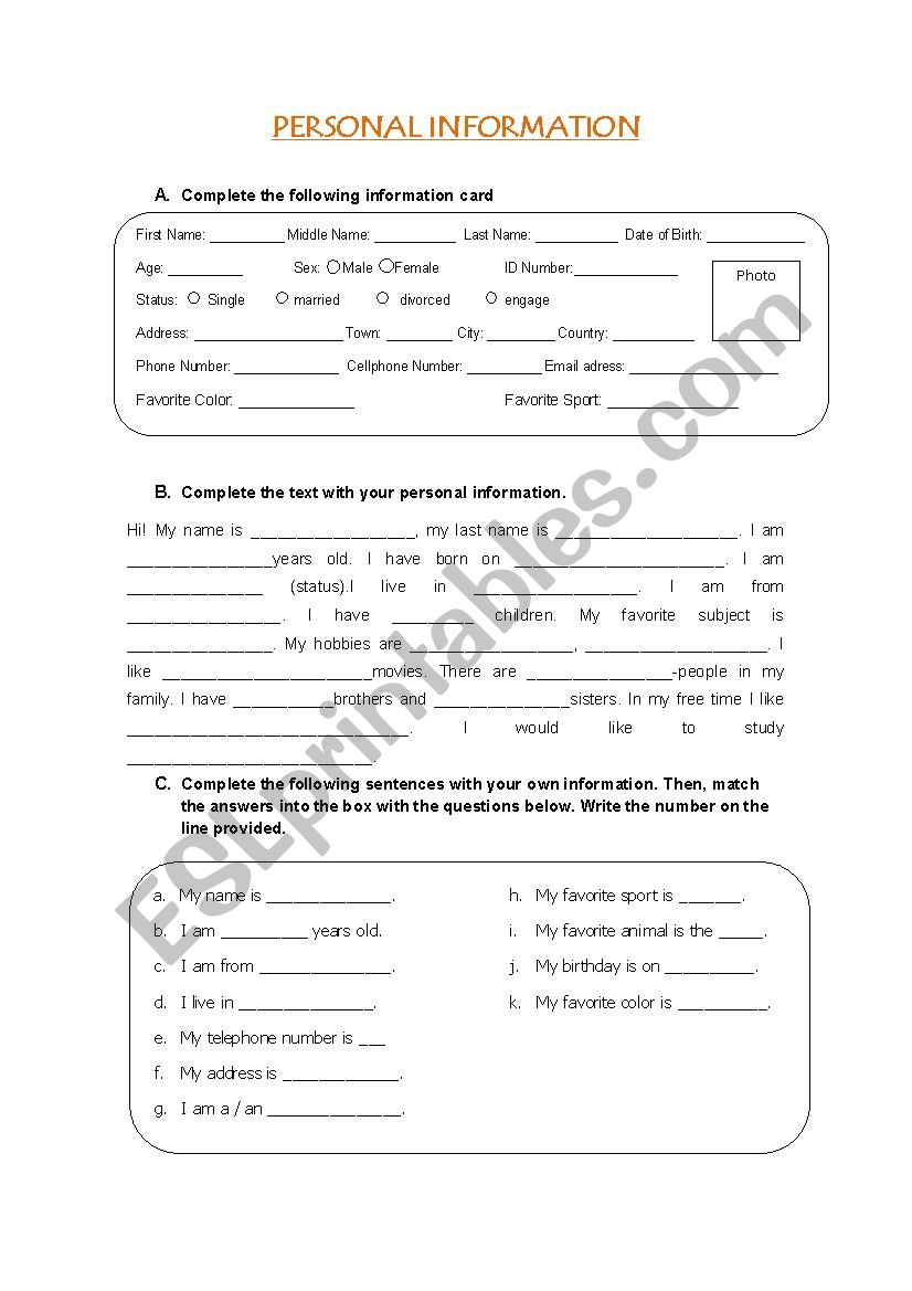 personal information worksheet