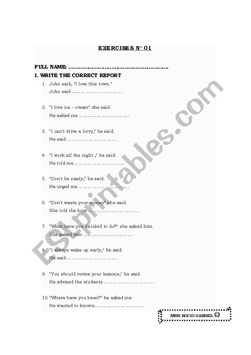 EXERCISES REPORTED SPEECH worksheet