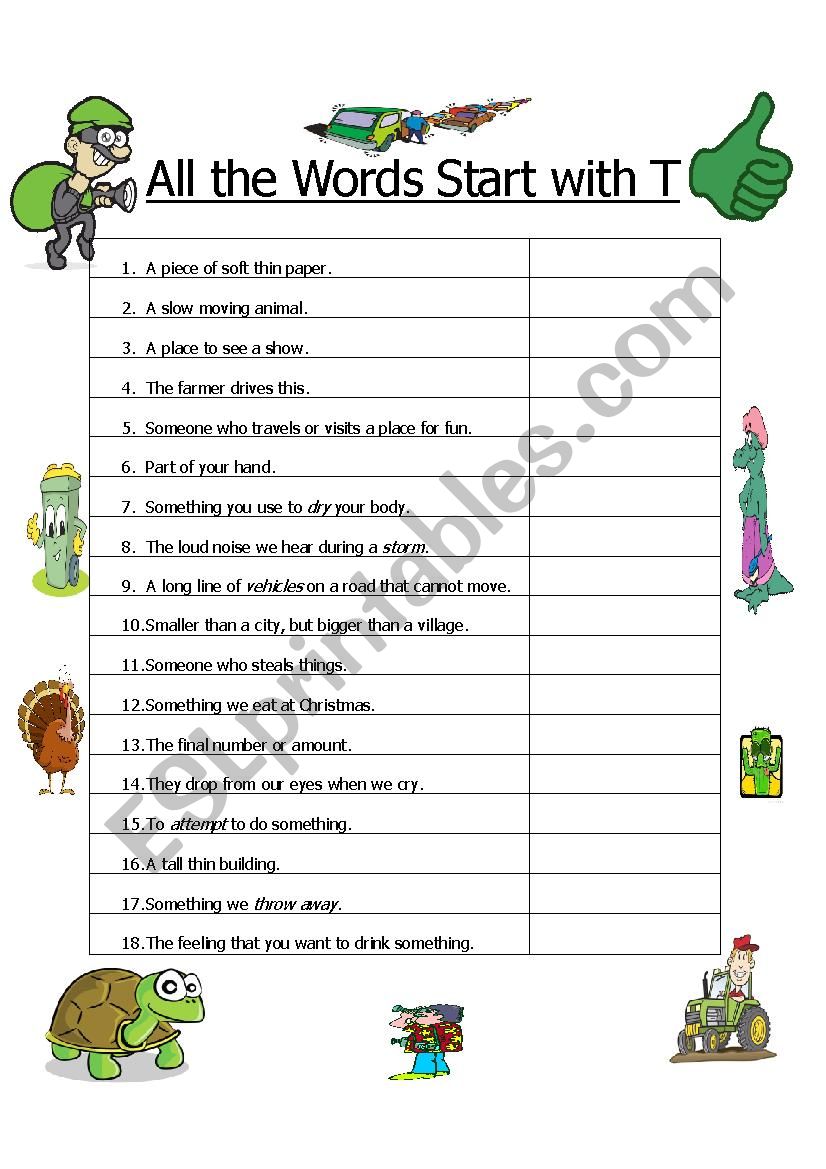 All the Words Start with T worksheet