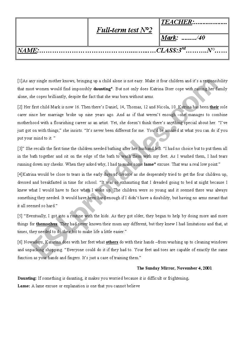 End -of -Term  English Test worksheet