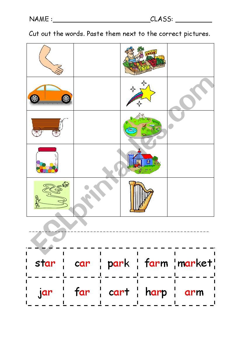 PHONICS AR CUT AND PASTE WORKSHEET ESL worksheet by f.syazzy