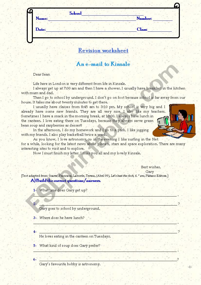 Revision worksheet: text interpretation (answer/question / question words), daily routine, frequency adverbs, question tags, possessive adjectives, pronouns and case.