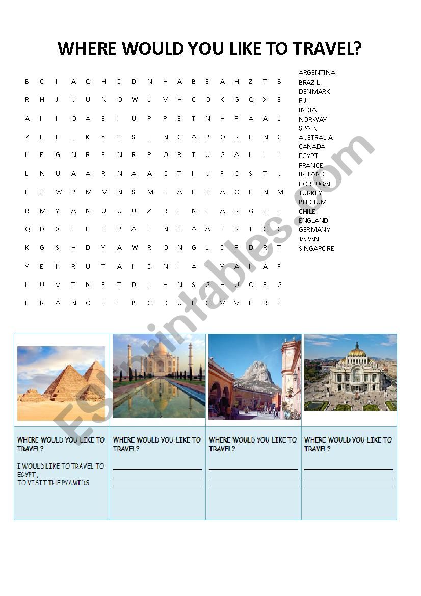  where would you like to travel word search and questions