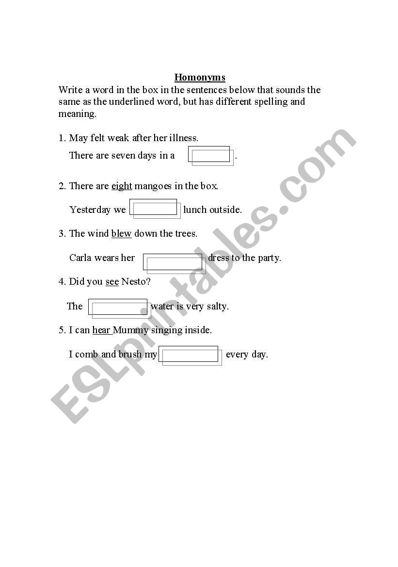 Homonyms worksheet