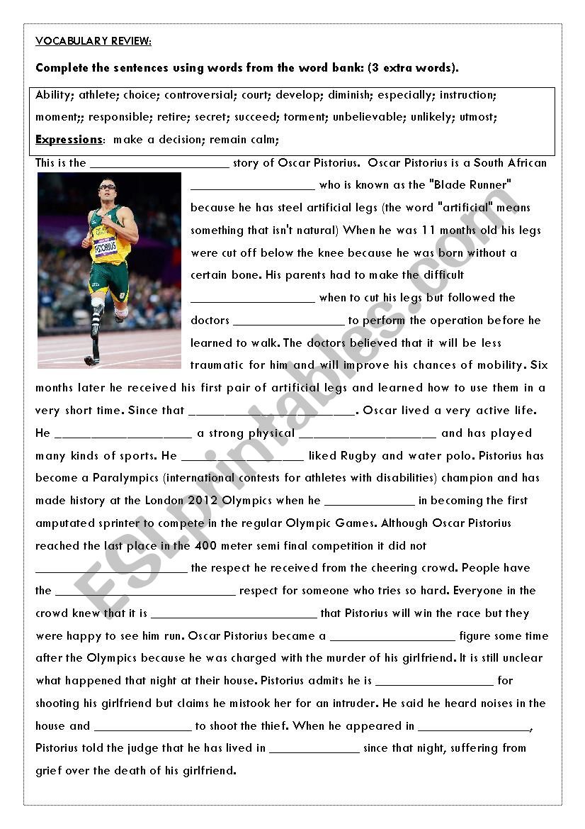 Oscar Pistorious Cloze worksheet