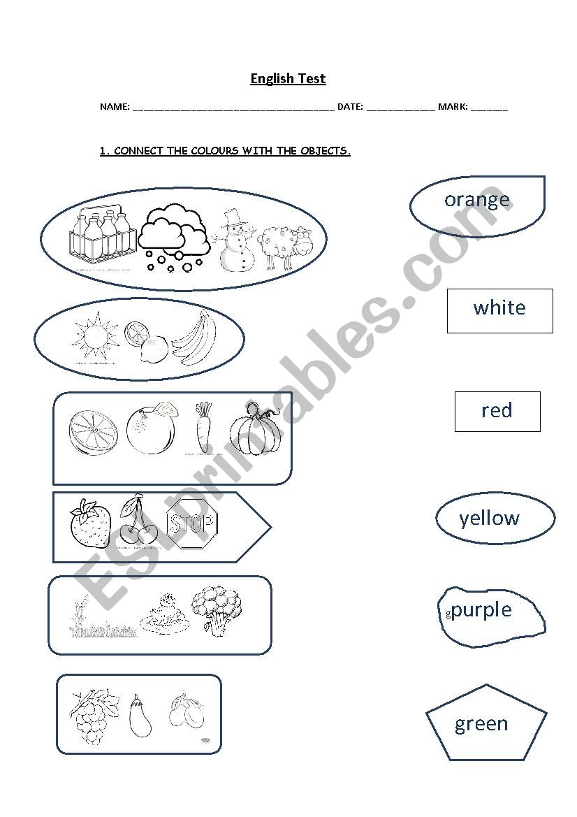 evaluation test - colours, numbers, classroom objects, clothes, furniture and animals