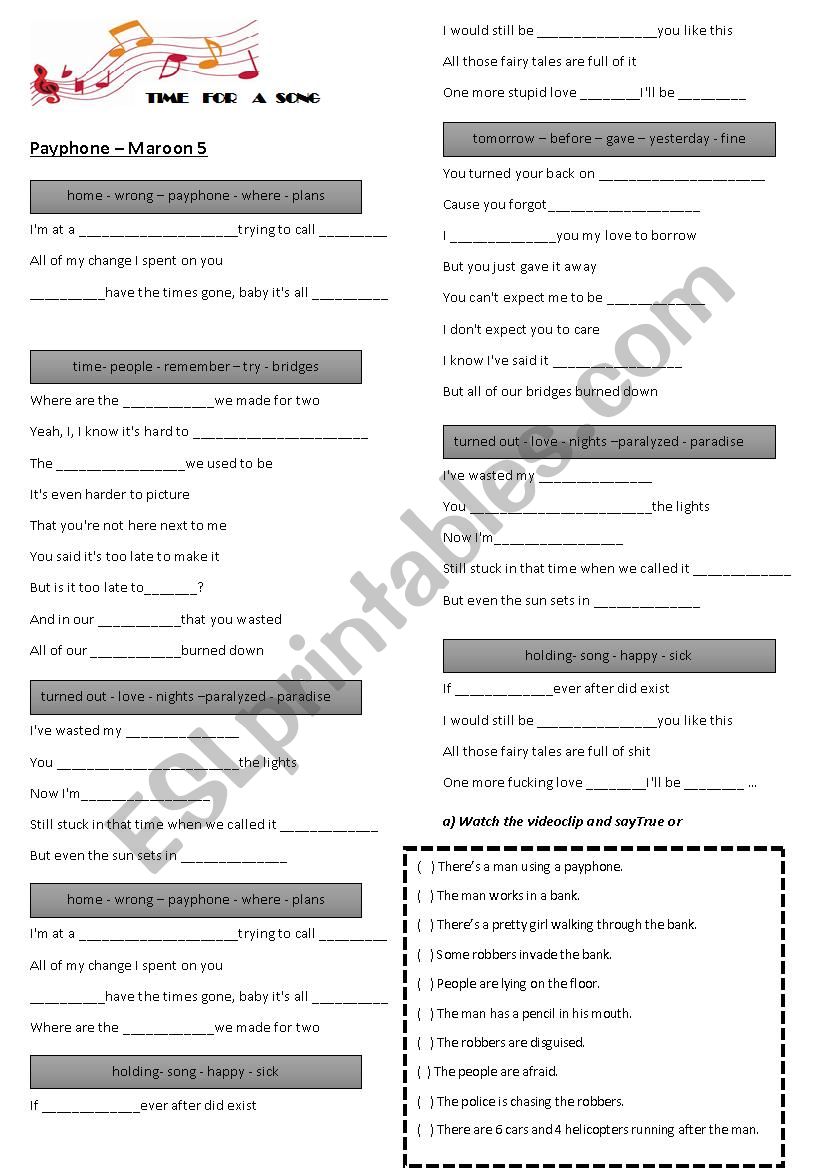 Payphone  - Maroon 5 worksheet