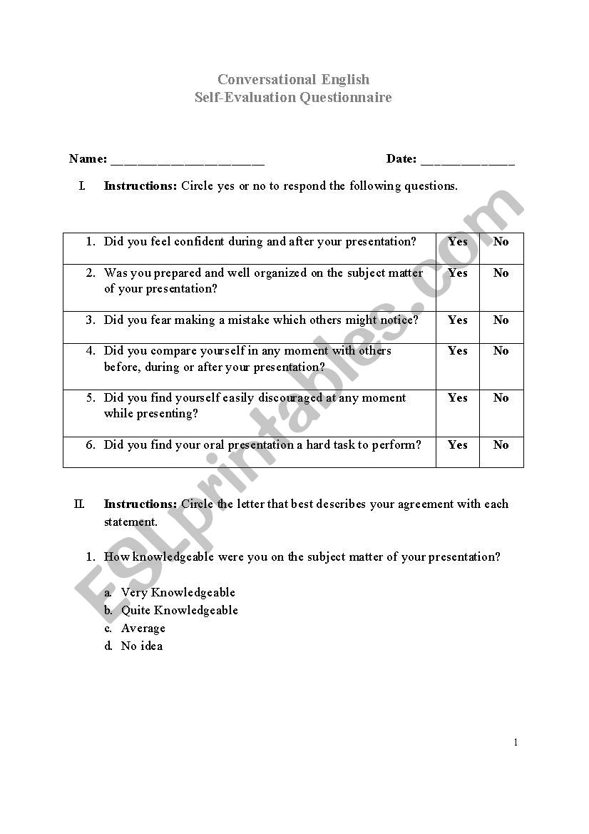 Self-Evaluation Questionnaire worksheet