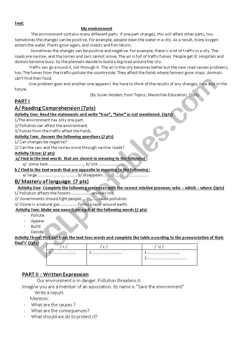 reading comprehension worksheet