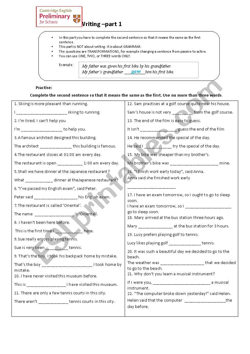 PET writing1 practise worksheet