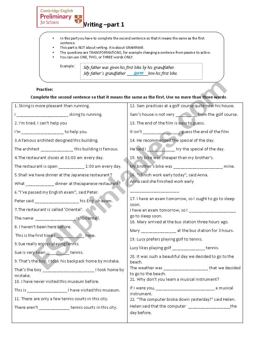 PET writing1 practise worksheet