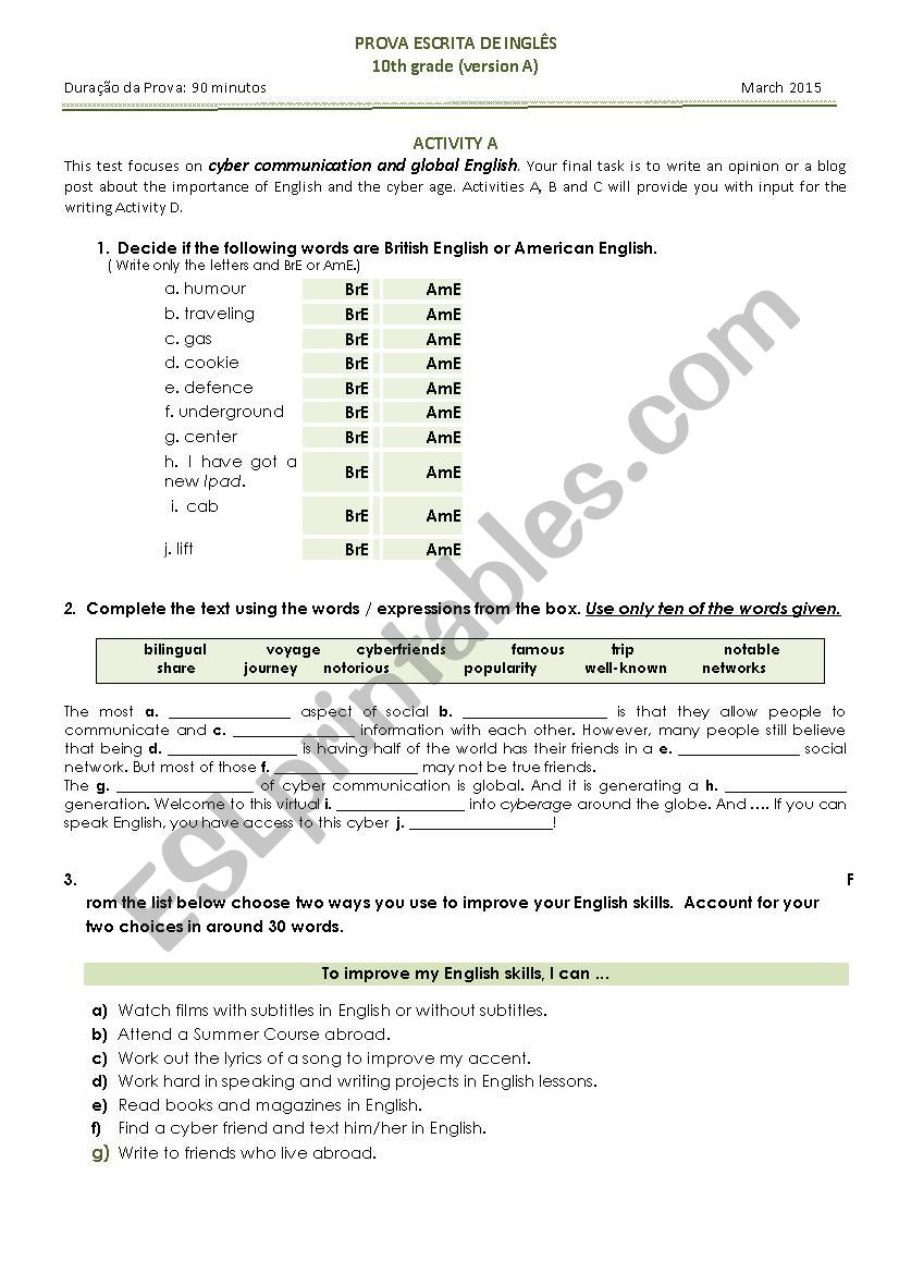 test 10th graders worksheet