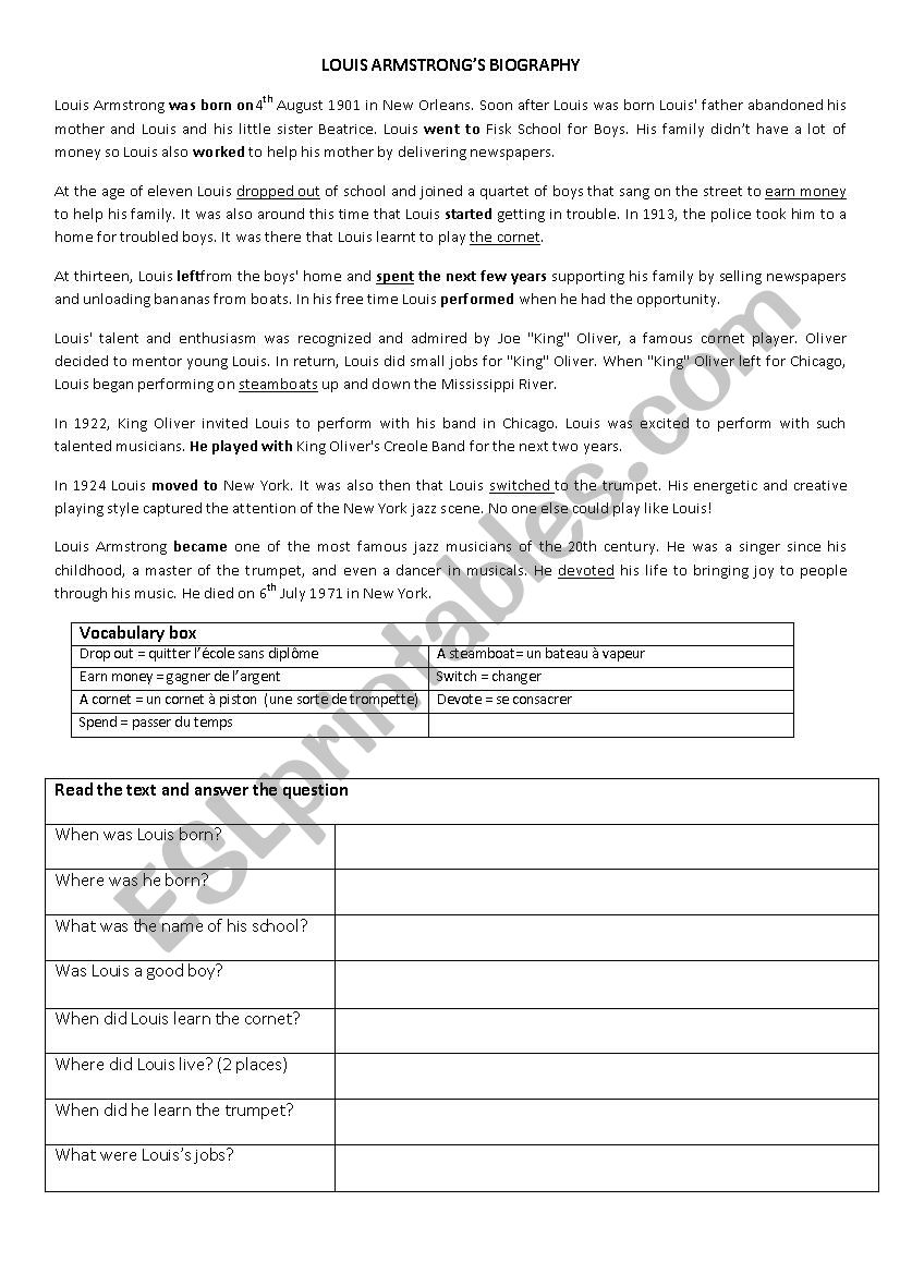 Louis Armstrong biography worksheet