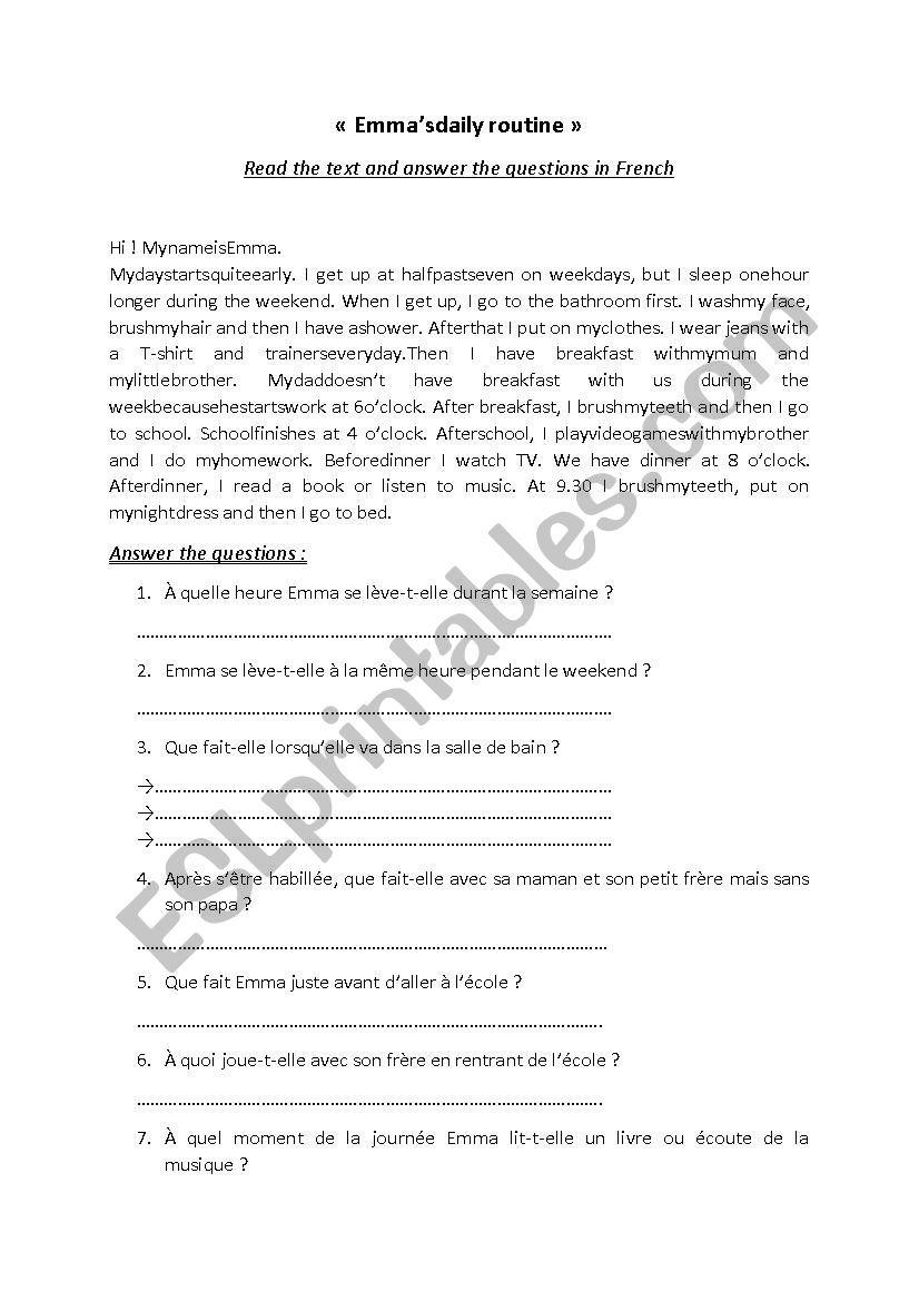 EmmaÂ´s daily routine worksheet