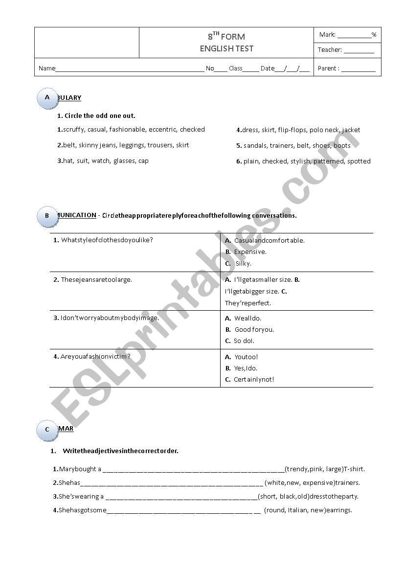 Fashion - test B worksheet