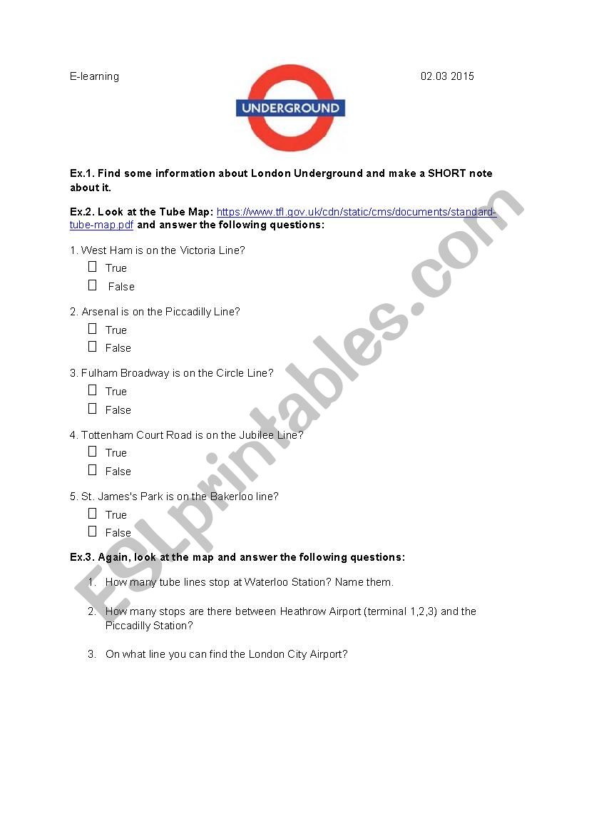 London Underground worksheet